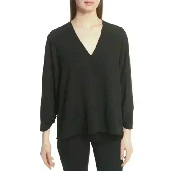 Tibi Black Shirred Sleeves A-Line V-Neck Top Size 2 - Picture 1 of 6